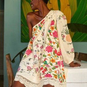 Farm Rio Toucans One Shoulder Embroidered Dress